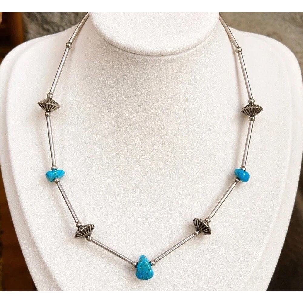 VTG Navajo Style Sterling Saucer Bead Turquoise Liquid Silver Necklace Southwest